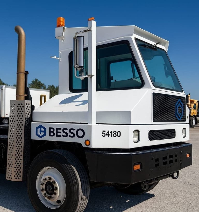 White and black BESSO industrial truck with number 54170 and orange beacon light on cabin roof